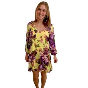 Yellow floral shift dress cutout sleeves